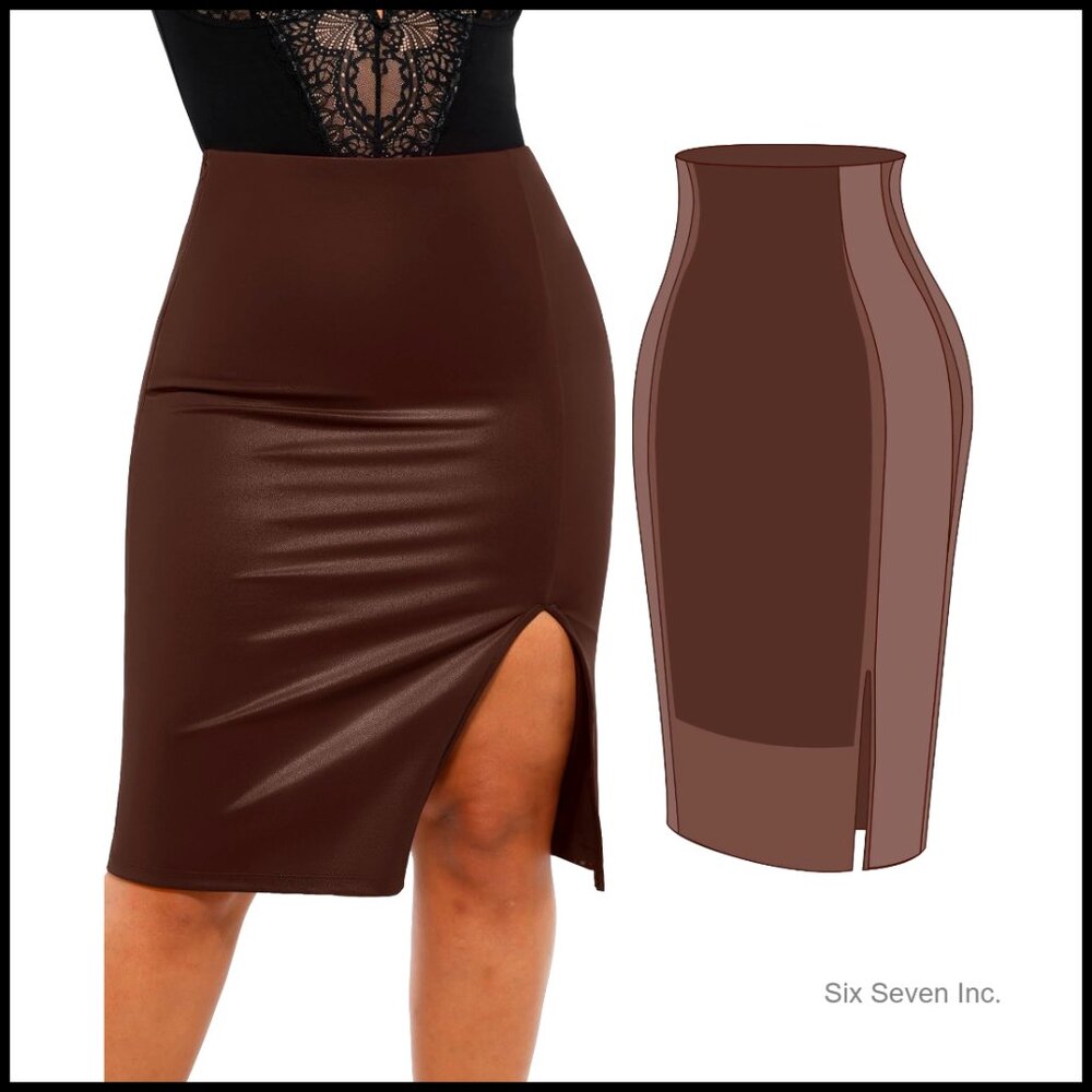 Faux Leather Skirt With Built-In Shapewear Tummy Control High Waist Midi